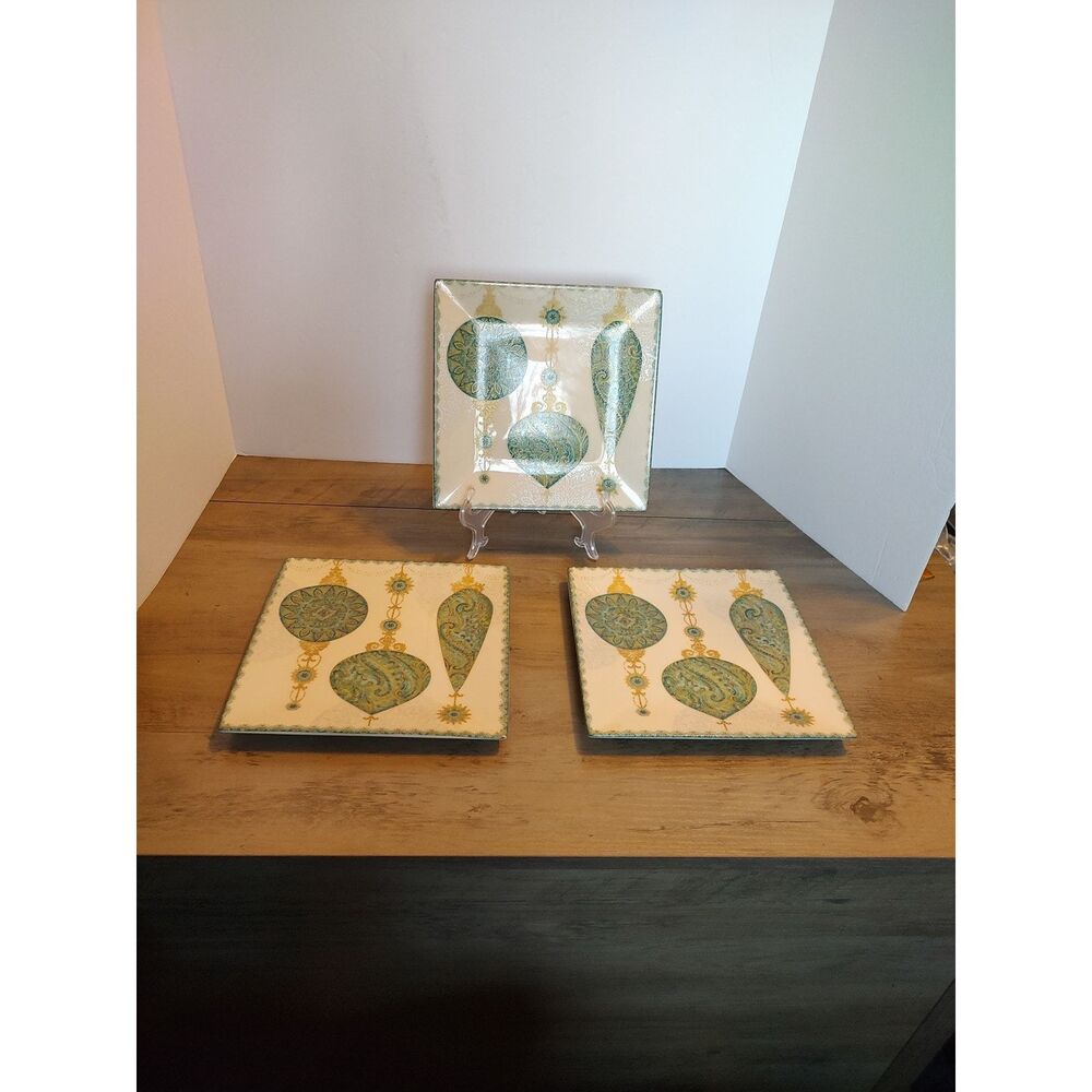 222 Fifth Constantina Turquoise Set of 3 Square Salad Dessert Plates EUC